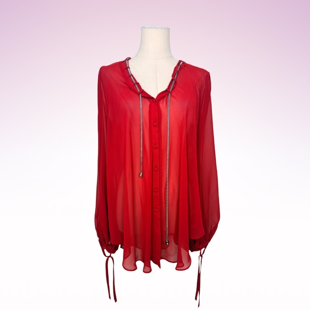 BISOU BISOU Red Chain Link Neck Blouse (Sz M)